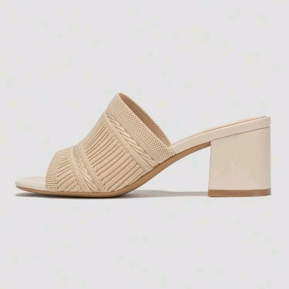 Women Minimalist Mule Sandals, Fabric Chunky Heeled Elegant Sandals - Picture 3 of 6